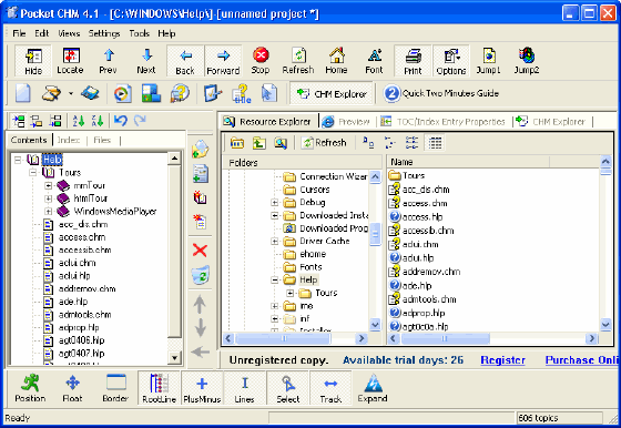 Pocket CHM's resource explorer window