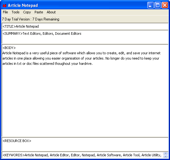 Main window - Article Notepad