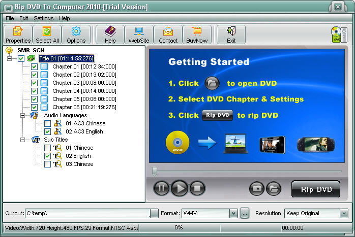 Rip DVD to Computer 2010 main screen