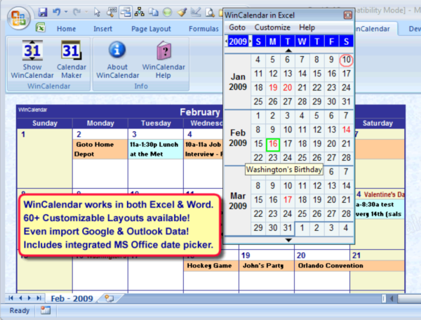 WinCalendar for Windows, Word & Excel