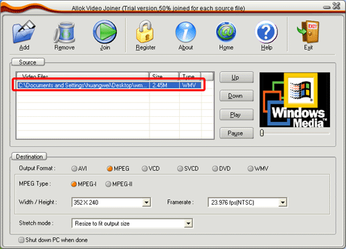 merge multiple WMV, MP4, 3GP, RM, MOV files