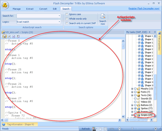 search information in ActionScripts used in Flash files