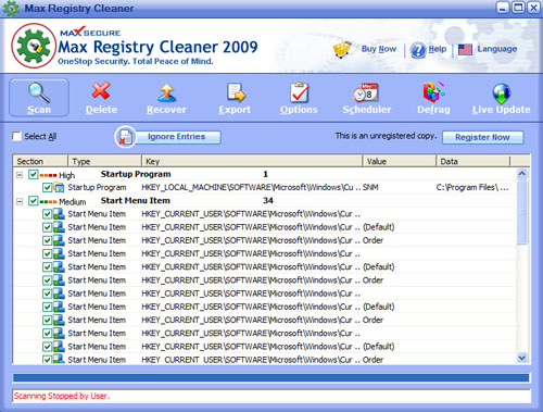 MaxRegistryCleaner Main Window