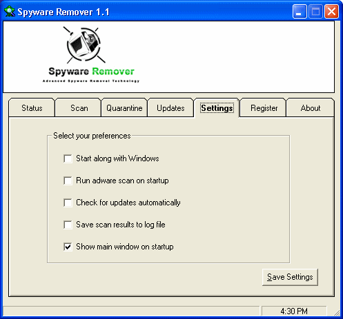 Settings of PAL Spyware Remover