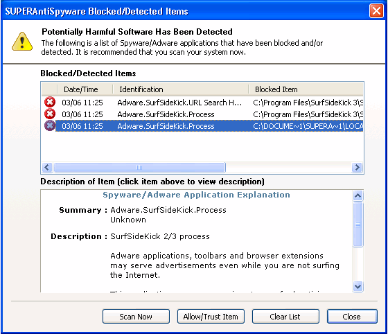 SUPERAntiSpyware - Real-Time Blocked Items