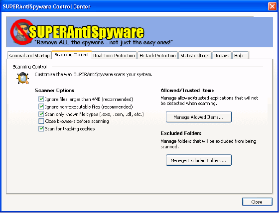 SUPERAntiSpyware - Scanning Control