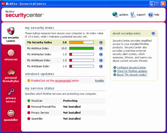 securitycenter window of McAfee VirusScan 2005