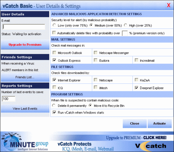 Main window of vCatch Antivirus Premium