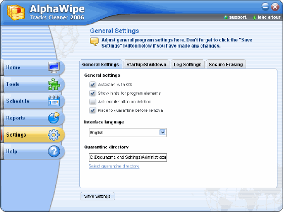 General settings - AlphaWipe Tracks Cleaner