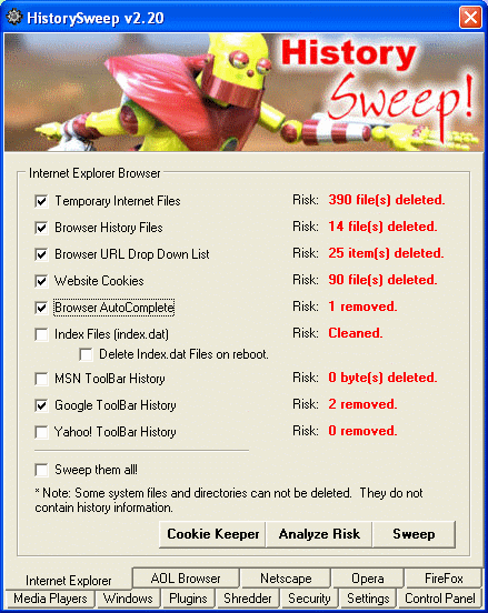clear IE history files - HistorySweep