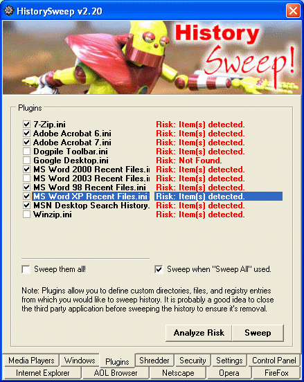 sweep history from integrated plugins