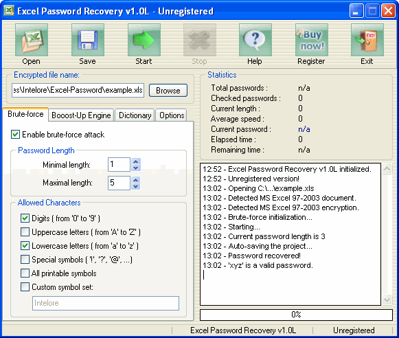 Main window - Excel Password Recovery