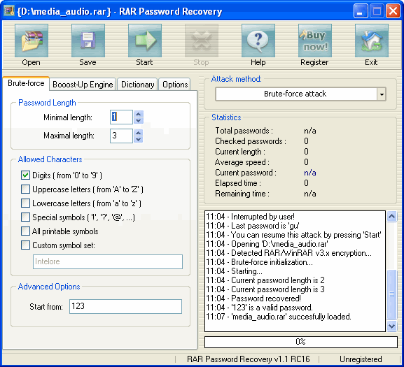 Main window - RAR Password Recovery