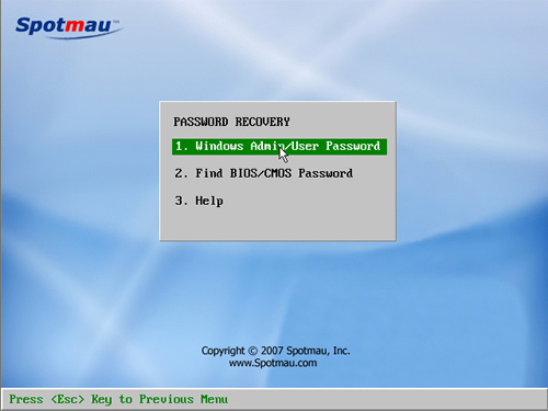 Spotmau Password Recovery - Password Recovery Menu