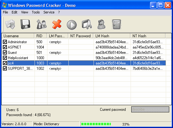 Windows Password Cracker - Main window