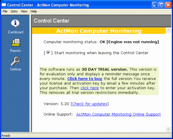 The dashboard window of ActMon Computer Monitoring