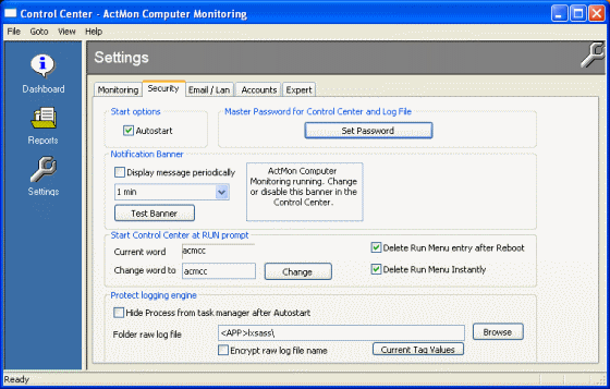 Settings function of ActMon Computer Monitoring