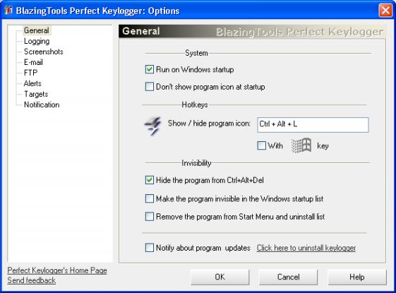 Perfect Keylogger - Options