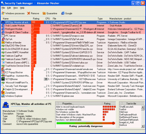 Screenshots of Security Task Manager - Main window