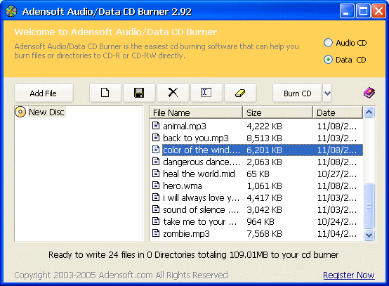 the window of Data CD burner