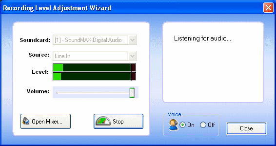 Recording level adjustment wizard - Spin It Again