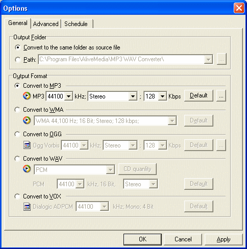 Alive MP3 WAV Converter - Options