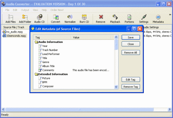 The Metadata window of Audio Converter