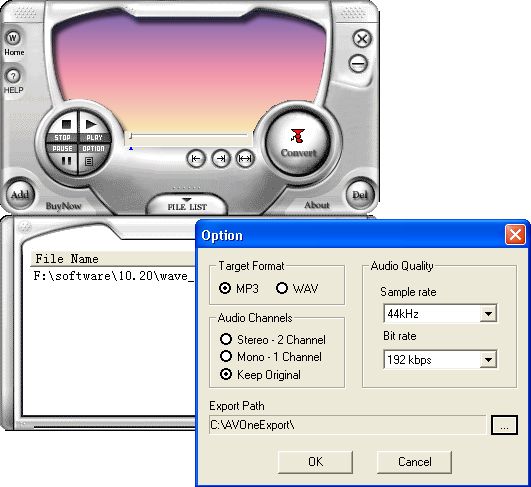 the interface of the main window and the options