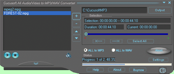 Main window of Cucusoft All Audio/Video to MP3 Con