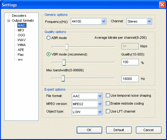 the settings of the output formats