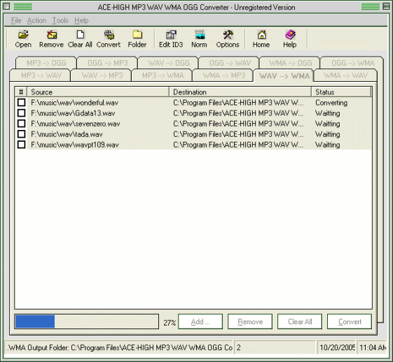 Main window of ACE-HIGH mp3 wav wma ogg converter 1.70