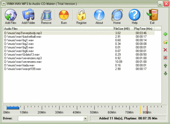 WMA WAV MP3 to Audio CD Maker - Main window