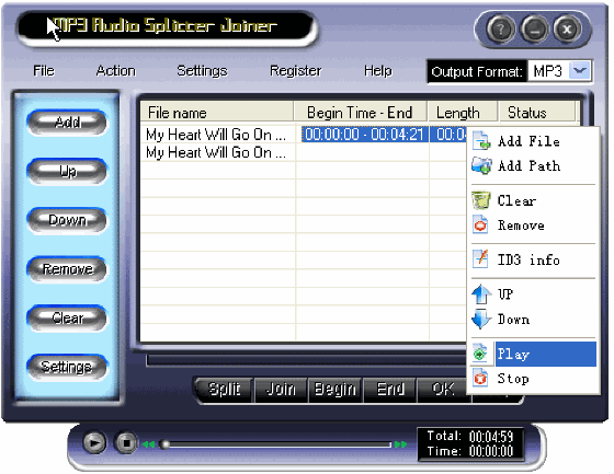Screenshot of HiFi MP3 Audio Splitter Joiner - Main windows