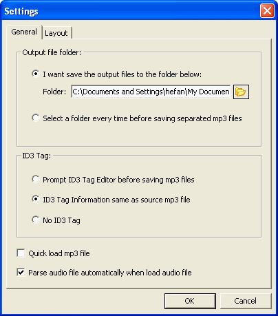 the settings of the MEDA MP3 Splitter