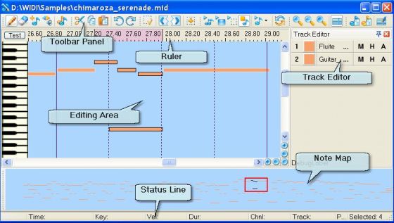 The Editor screen of the midi music editing tool