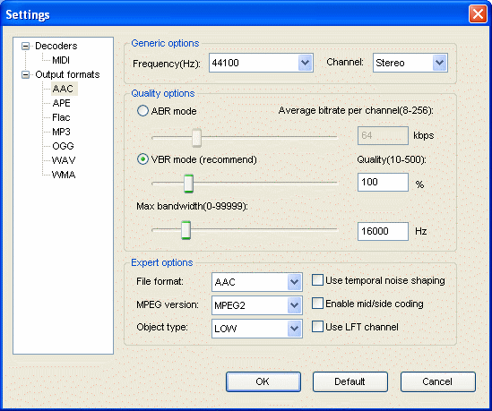 converting midi to AAC Screenshot