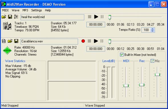 screenshot of midi2wav recorder