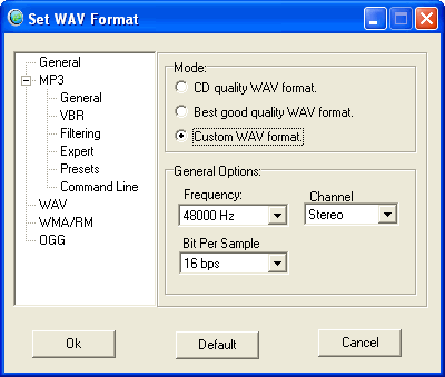 Settings window of MP3 RM Converter