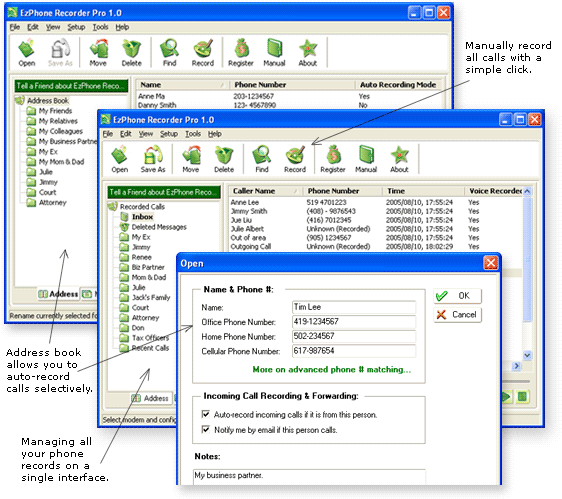 Phone recorder records phone calls and organize phone address