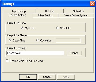 Settings window of Super Mp3 Recorder Pro