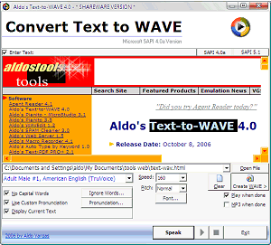 Main window of Aldo's Text-to-WAVE