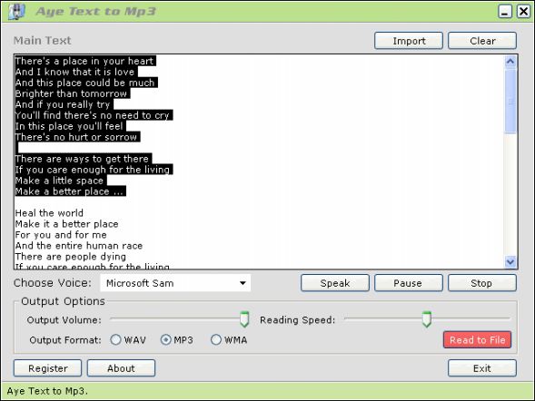 Main window of Aye Text to MP3