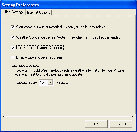 Misc and Internet options - WeatherAloud