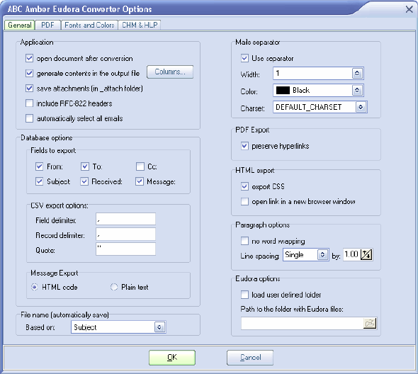 ABC Amber Eudora Converter Options