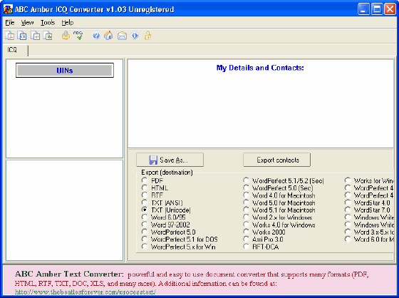 Main Window of ABC Amber ICQ Converter