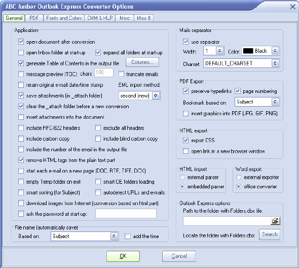 ABC Amber Outlook Express Converter Options