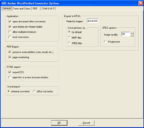 ABC Amber WordPerfect Converter Options