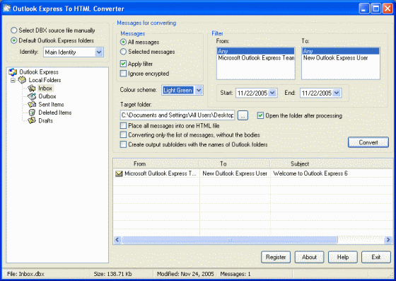 Screenshot of Outlook Express To HTML Converter