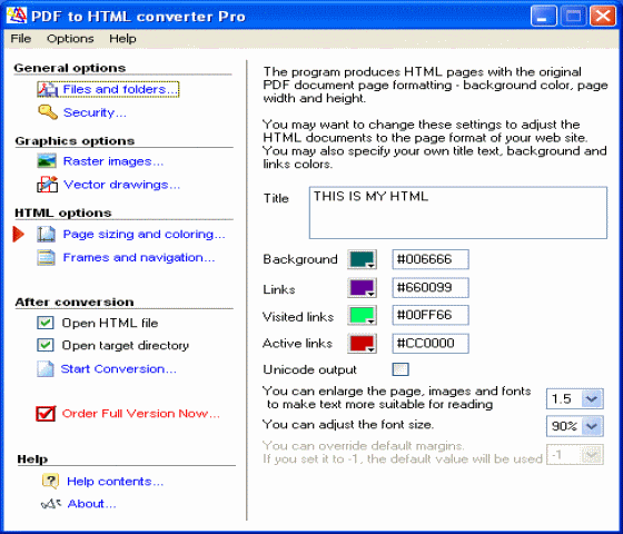 The screenshot of PDF to HTML converter