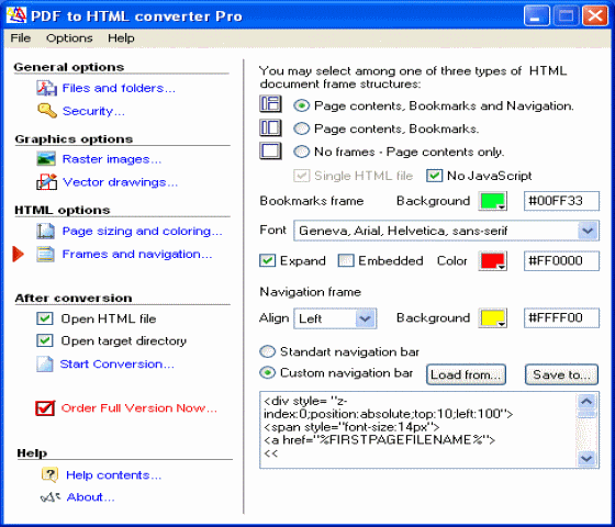 The screenshot of PDF to HTML converter